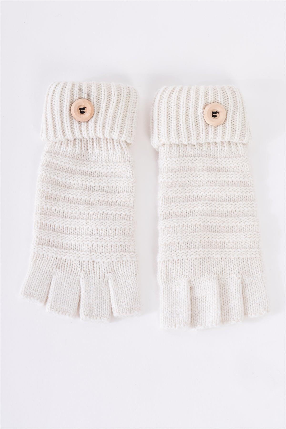 White Fingerless Button Detail Knit Winter Gloves /3 Pieces