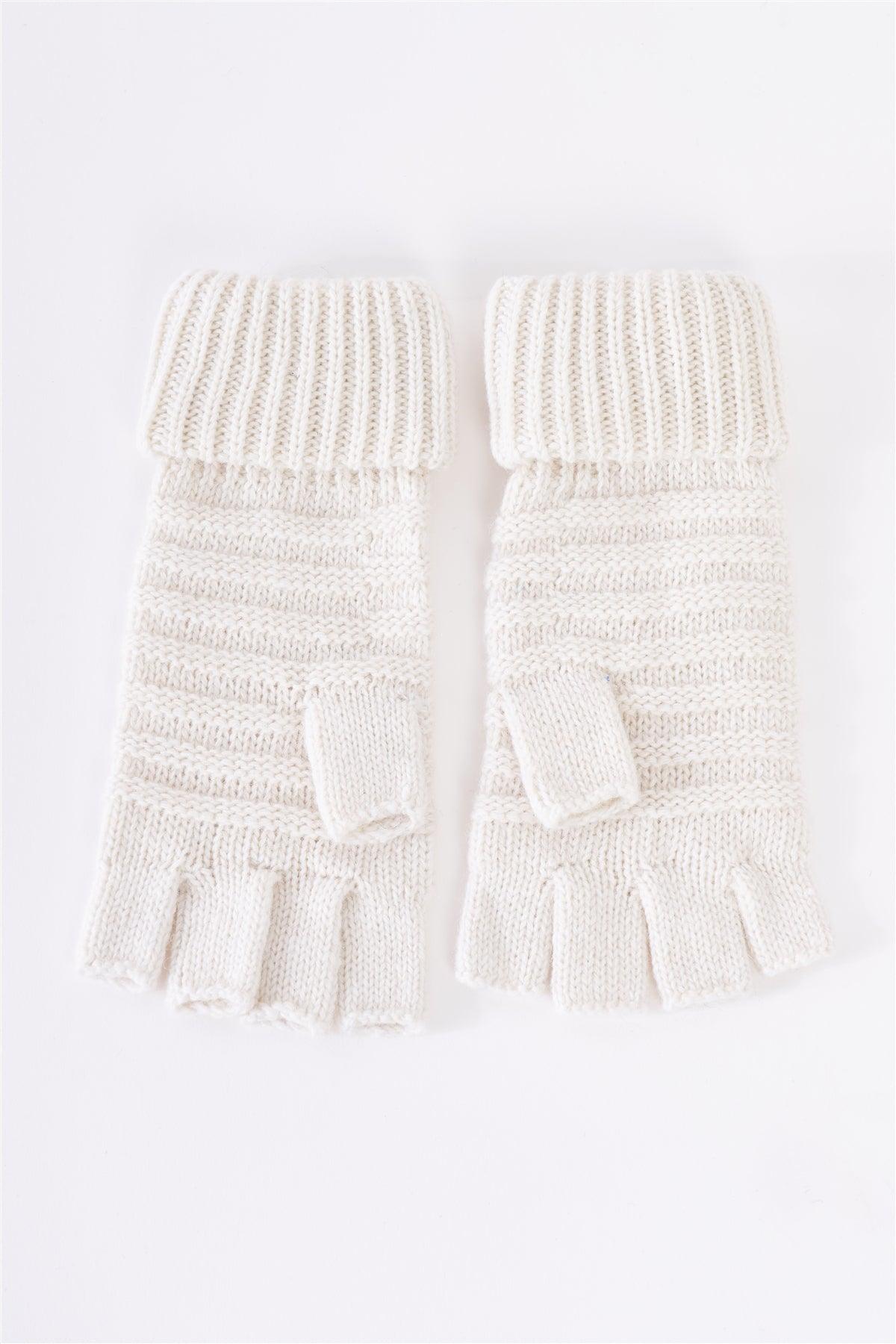 White Fingerless Button Detail Knit Winter Gloves /3 Pieces