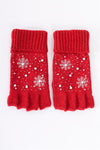 Red Fingerless Snowflakes Pearl Rhinestone Winter Gloves /3 Pieces