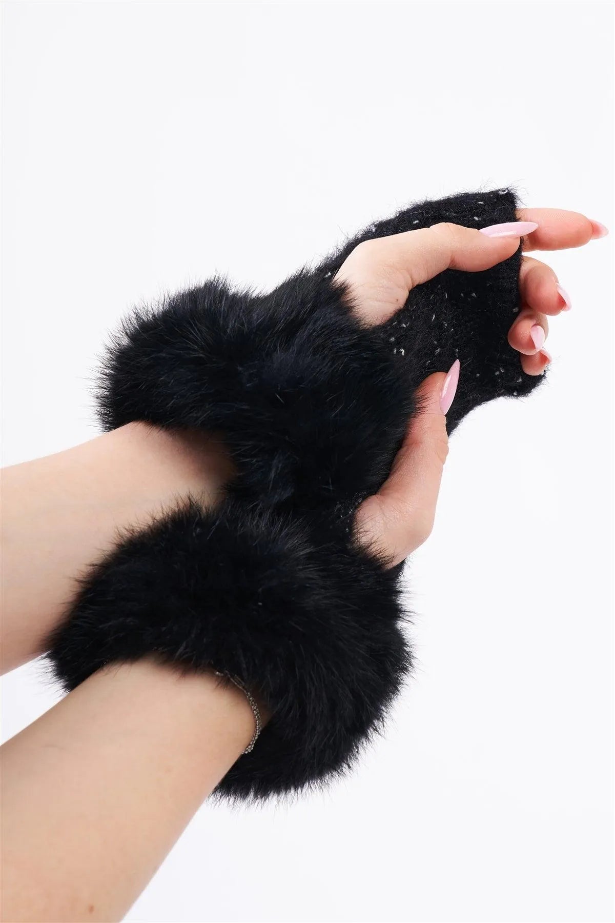 Black Woven Furry Fingerless Two-Way Winter Gloves /3 Pieces - Tasha Apparel Wholesale