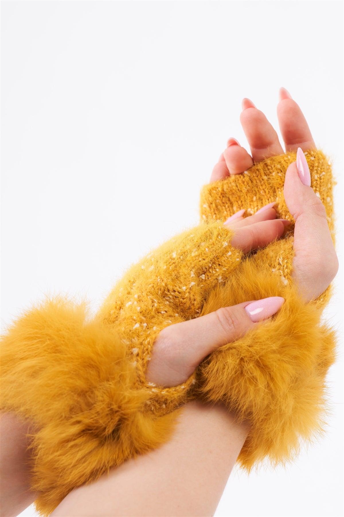 Mustard Woven Furry Fingerless Two-Way Winter Gloves /3 Pieces