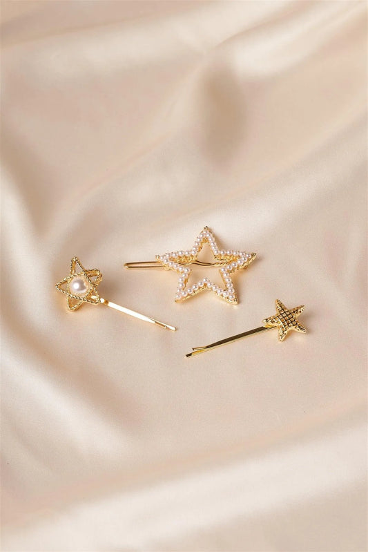 Gold Pearl Shinning Star Clips /1 Pair - Tasha Apparel Wholesale