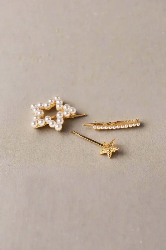 Pearl and Gold Star Hair Pin Set - Elegant Hair Accessories - Tasha Apparel Wholesale