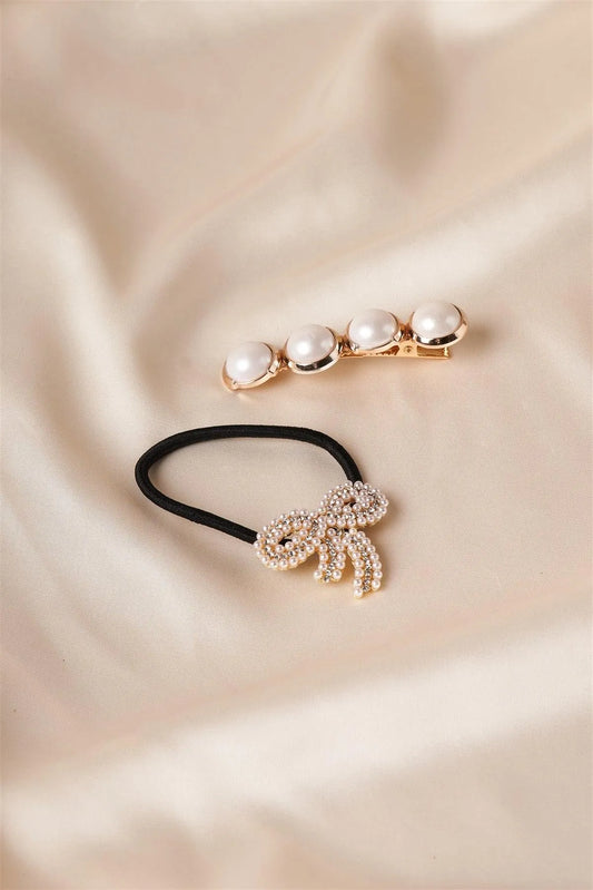 12pcs Pearl Bow Tie Pony Tail Gold Pearl Barrette - Tasha Apparel Wholesale