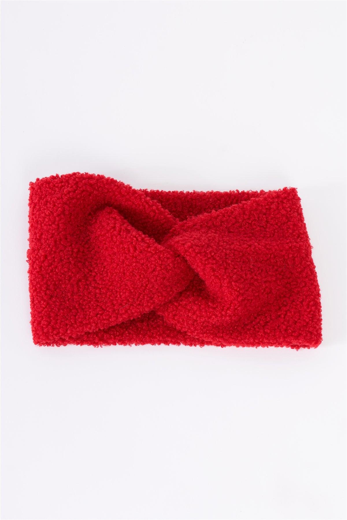 Cranberry Red Faux Shearling Fur Turban Twist Winter Headband /3 Pieces