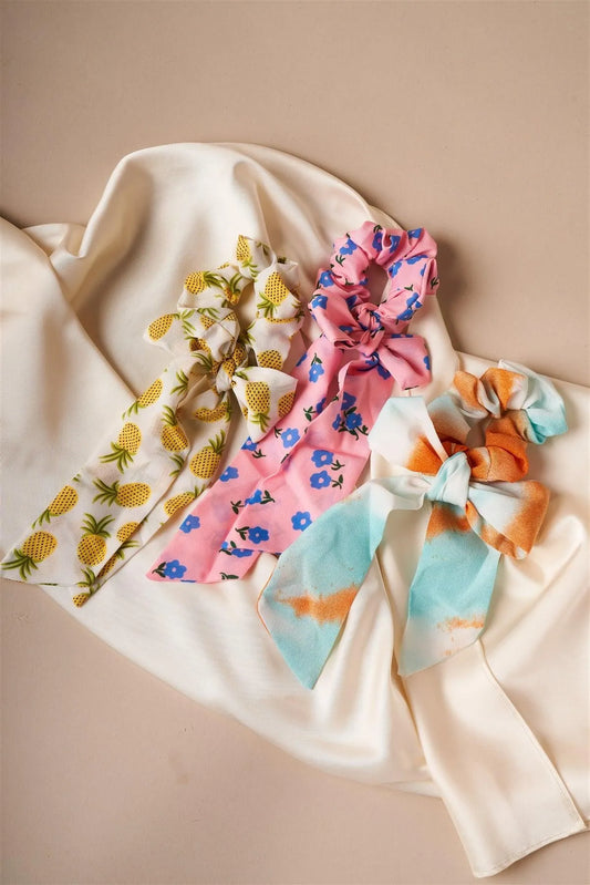 Multi-colored Playful Print Bow Tie Hair Scrunchies /12 Pack - Tasha Apparel Wholesale