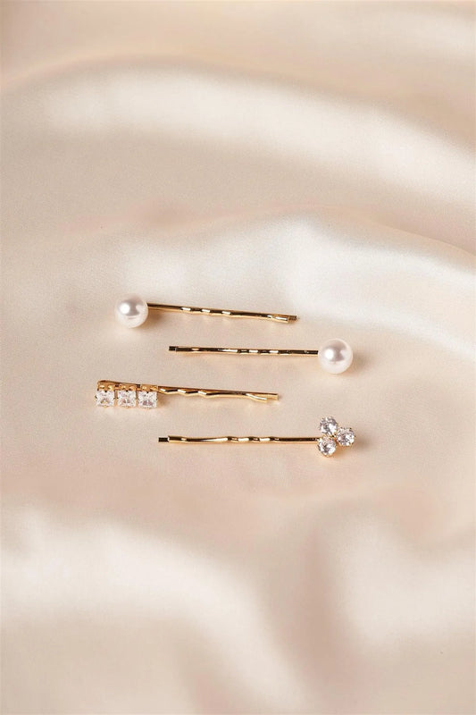 Gold Pearl & Rhinestone Bobby Pins /1 Pair - Tasha Apparel Wholesale