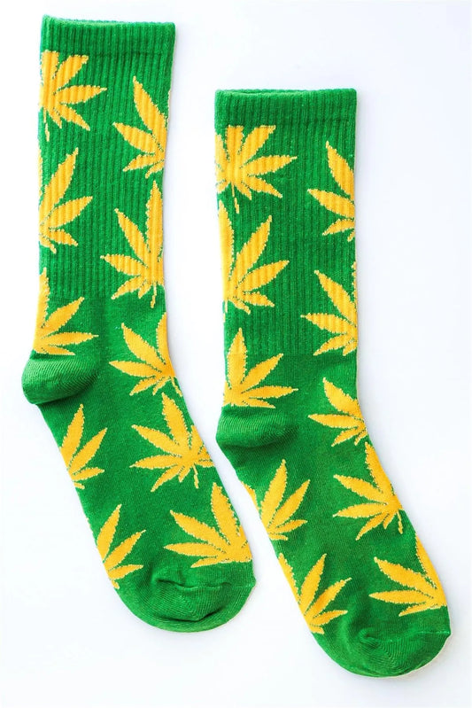 Green Yellow Marijuana Weed Leaf Mid Calf Tube Socks /12 pairs - Tasha Apparel Wholesale