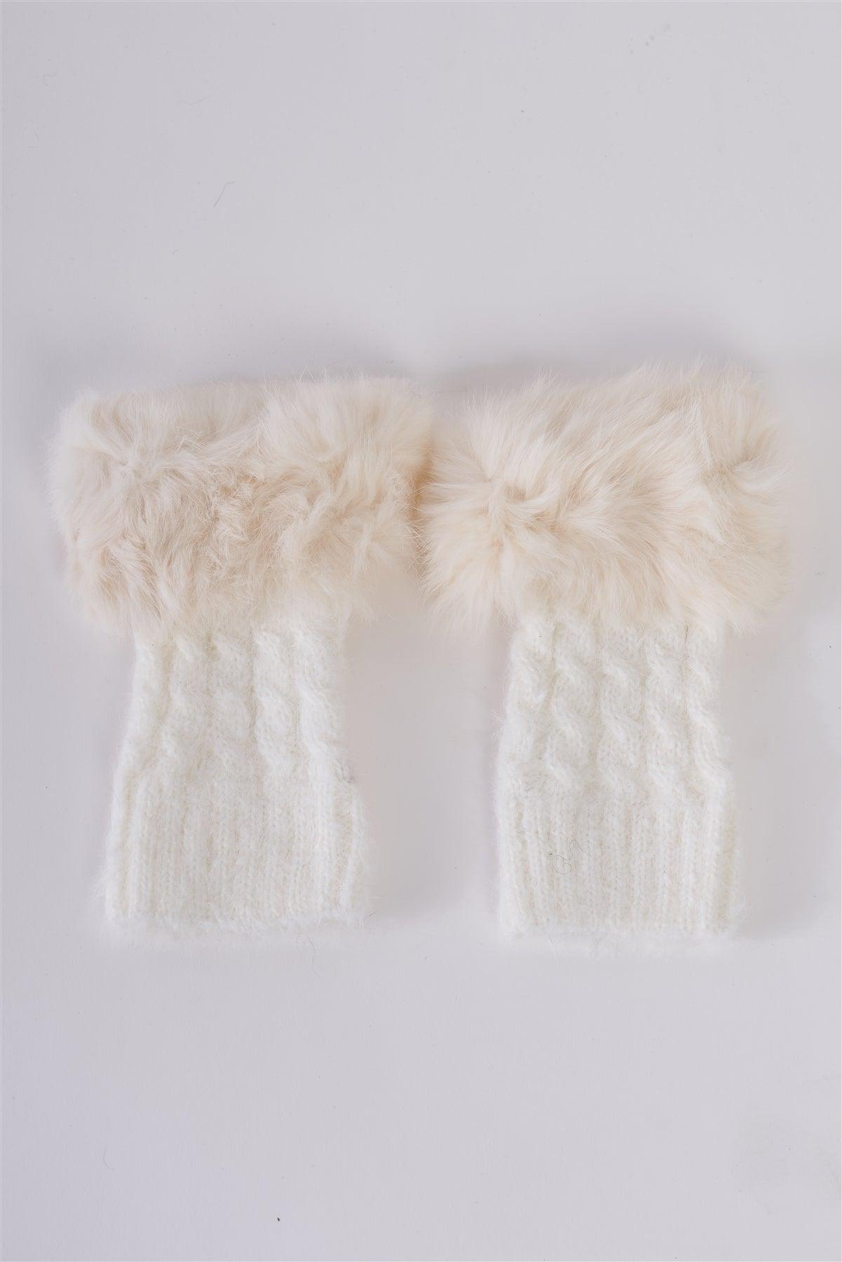 Ivory Knit Furry Shoe Insert Short Leg Warmers /3 Pieces