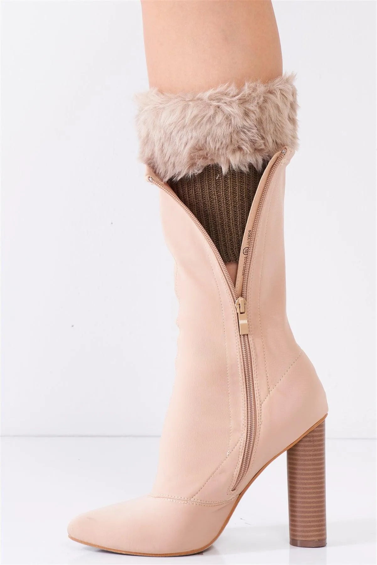 Khaki Knit Furry Shoe Insert Short Leg Warmers /3 Pieces - Tasha Apparel Wholesale