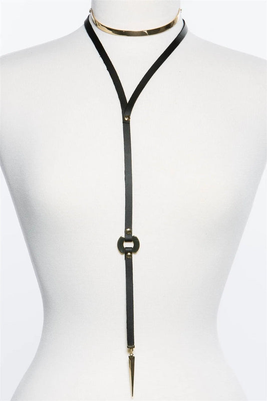 Boho Faux Leather Long Strap Black Gold Metal Choker - Tasha Apparel Wholesale