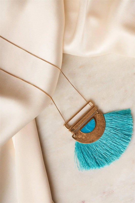 Turquoise Half Moon Plate Stone Fringe Pendant Necklace /3 Pieces - Tasha Apparel Wholesale