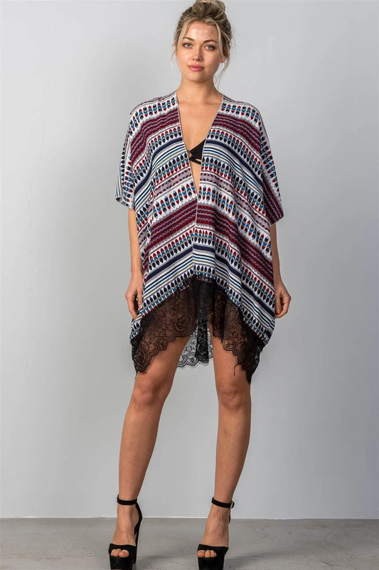 Stripe Contrast Lace Hem Cover-Up Kimono /ONE SIZE - Tasha Apparel Wholesale