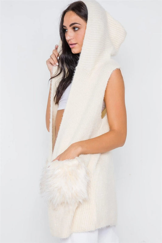 Ivory Soft Knit Hooded Faux Fur Pockets Vest - Tasha Apparel Wholesale