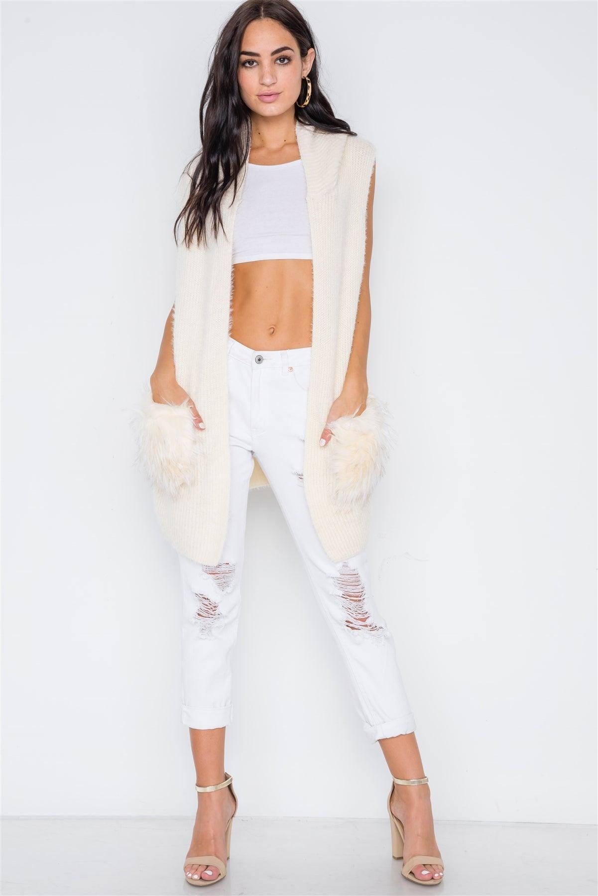 Ivory Soft Knit Hooded Faux Fur Pockets Vest /4