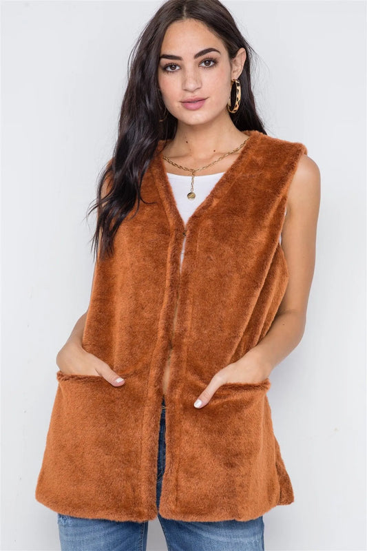 Brown Rust Sleeveless Faux Fur Vest /6 - Tasha Apparel Wholesale