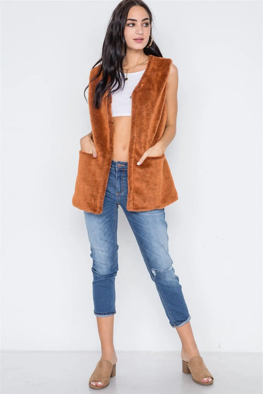 Brown Rust Sleeveless Faux Fur Vest /7 - Tasha Apparel Wholesale