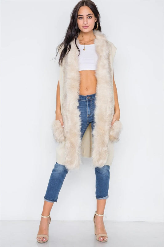 Soft Knit Shawl Collar Faux Fur Pockets Vest - Tasha Apparel Wholesale