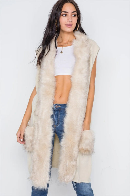 Ivory Soft Knit Shawl Collar Faux Fur Pockets Vest - Tasha Apparel Wholesale