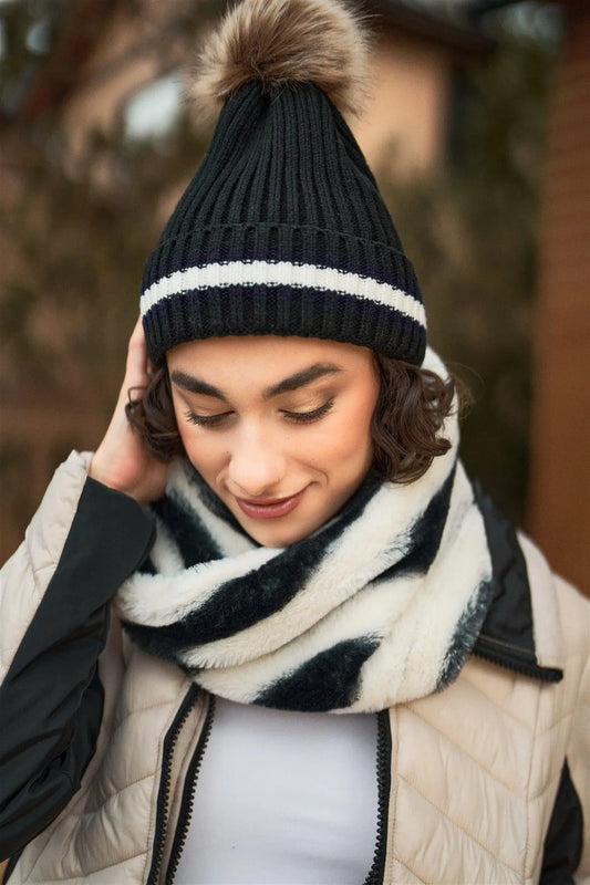 Black & White Stripe Ribbed Lapel Hem Faux Fur Bunny Tail Tip Beanie /3 Pieces - Tasha Apparel Wholesale