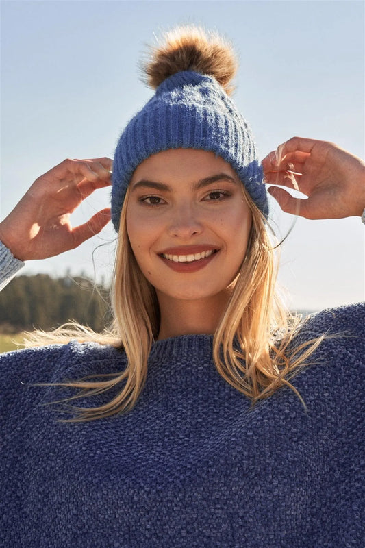 Sky Blue Woven Ribbed Lapel Faux Fur Bunny Tail Tip Beanie /3 Pieces - Tasha Apparel Wholesale