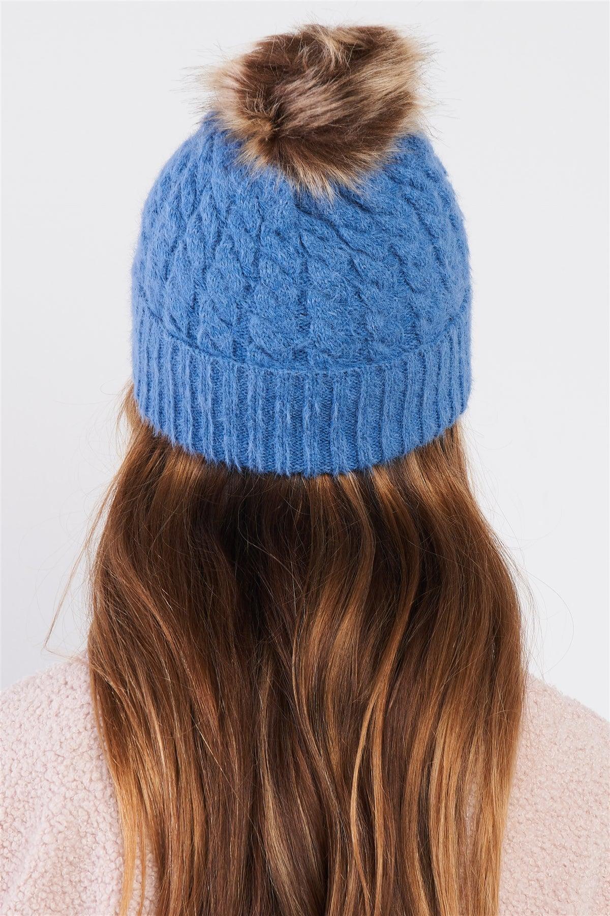 Sky Blue Woven Ribbed Lapel Faux Fur Bunny Tail Tip Beanie /3 Pieces