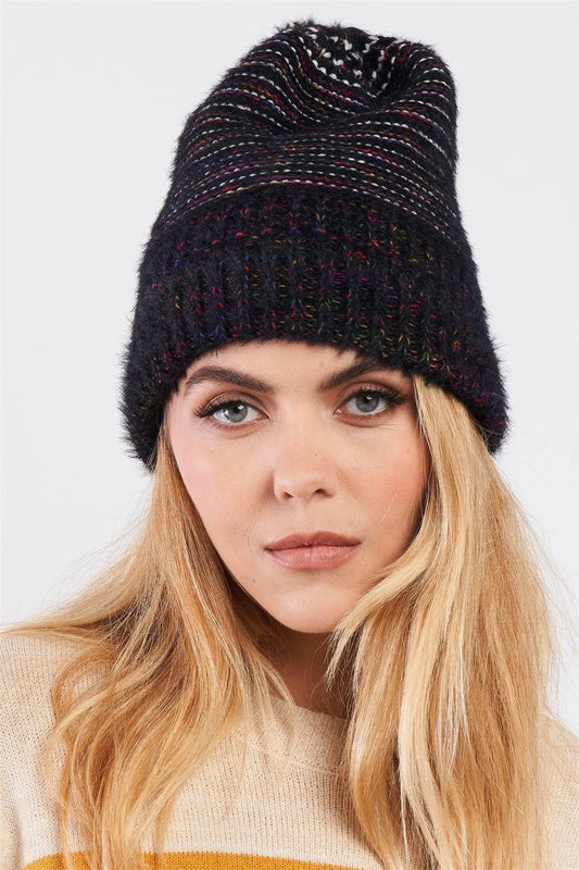 Black Rainbow Knit Fuzzy Woven Beanie /3 Pieces - Tasha Apparel Wholesale