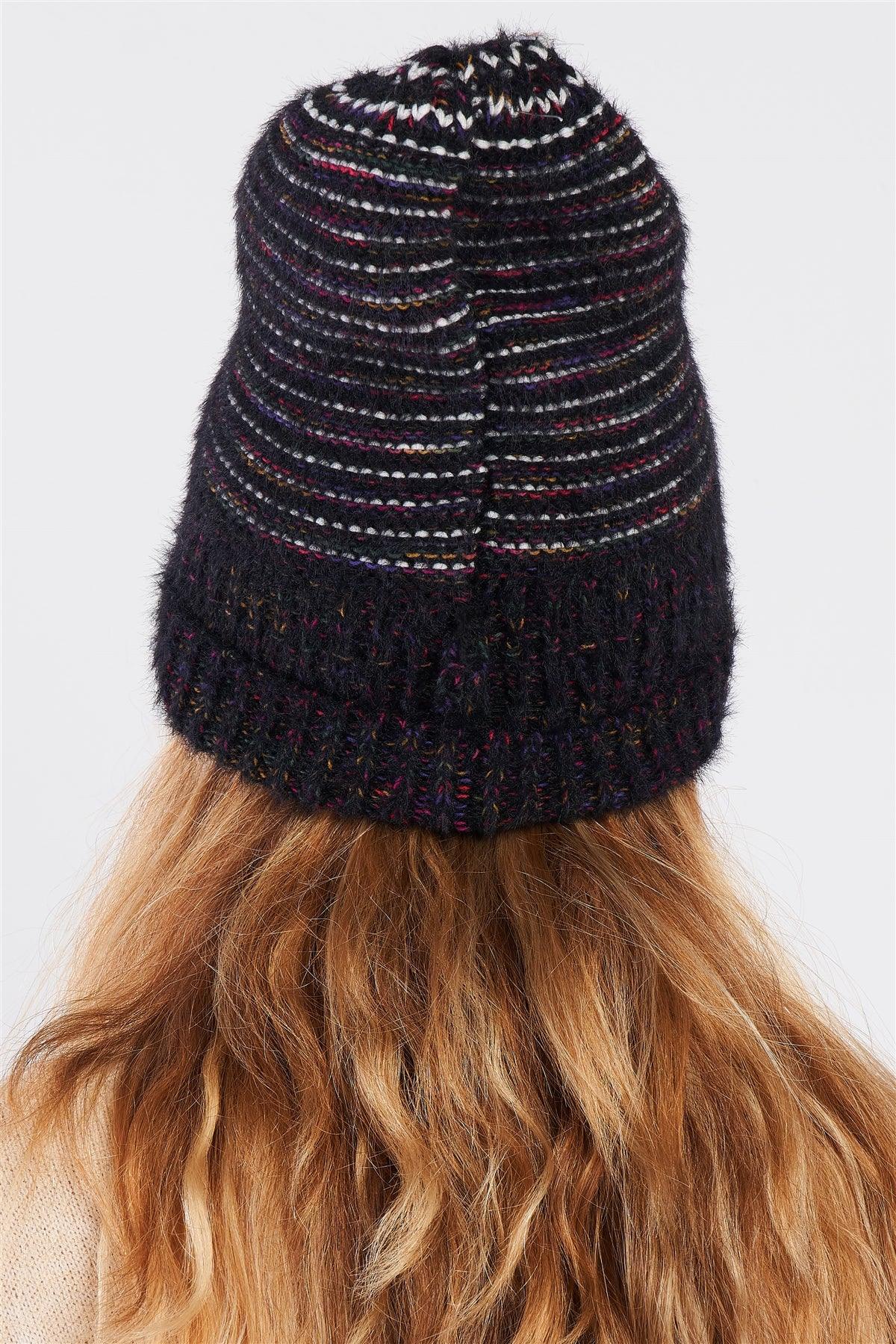 Black Rainbow Knit Fuzzy Woven Beanie /3 Pieces