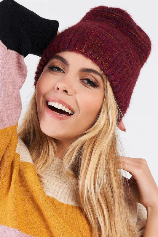 Burgundy Rainbow Knit Fuzzy Woven Beanie /3 Pieces - Tasha Apparel Wholesale