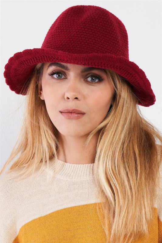 Burgundy Scallop Edge Woven Panama Hat /3 Pieces - Tasha Apparel Wholesale