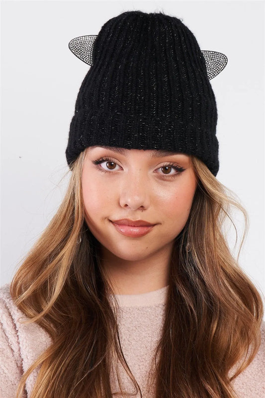 Black Rhinestone Cat Ears Glitter Woven Knit Beanie /3 Pieces - Tasha Apparel Wholesale