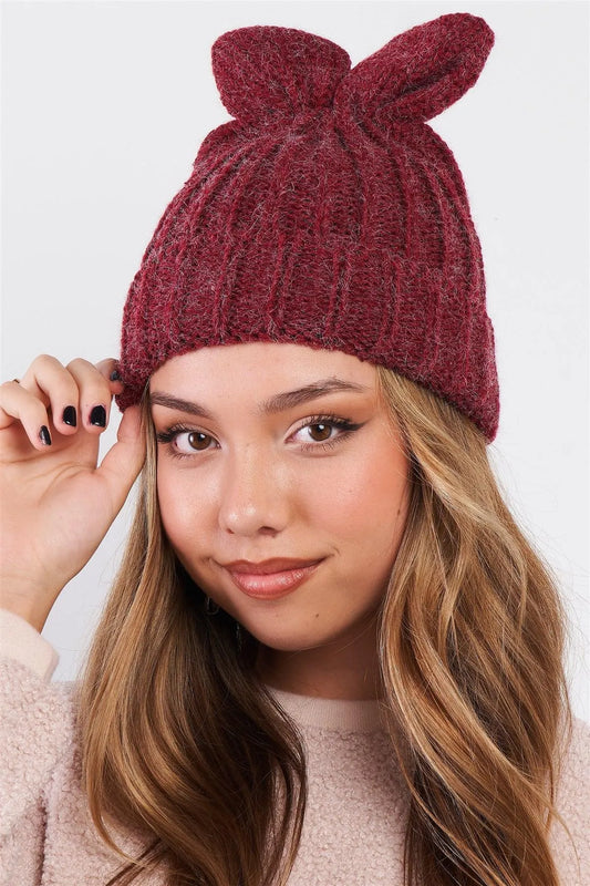 Burgundy Bunny Ears Detail Woven Winter Beanie /3 Pieces - Tasha Apparel Wholesale