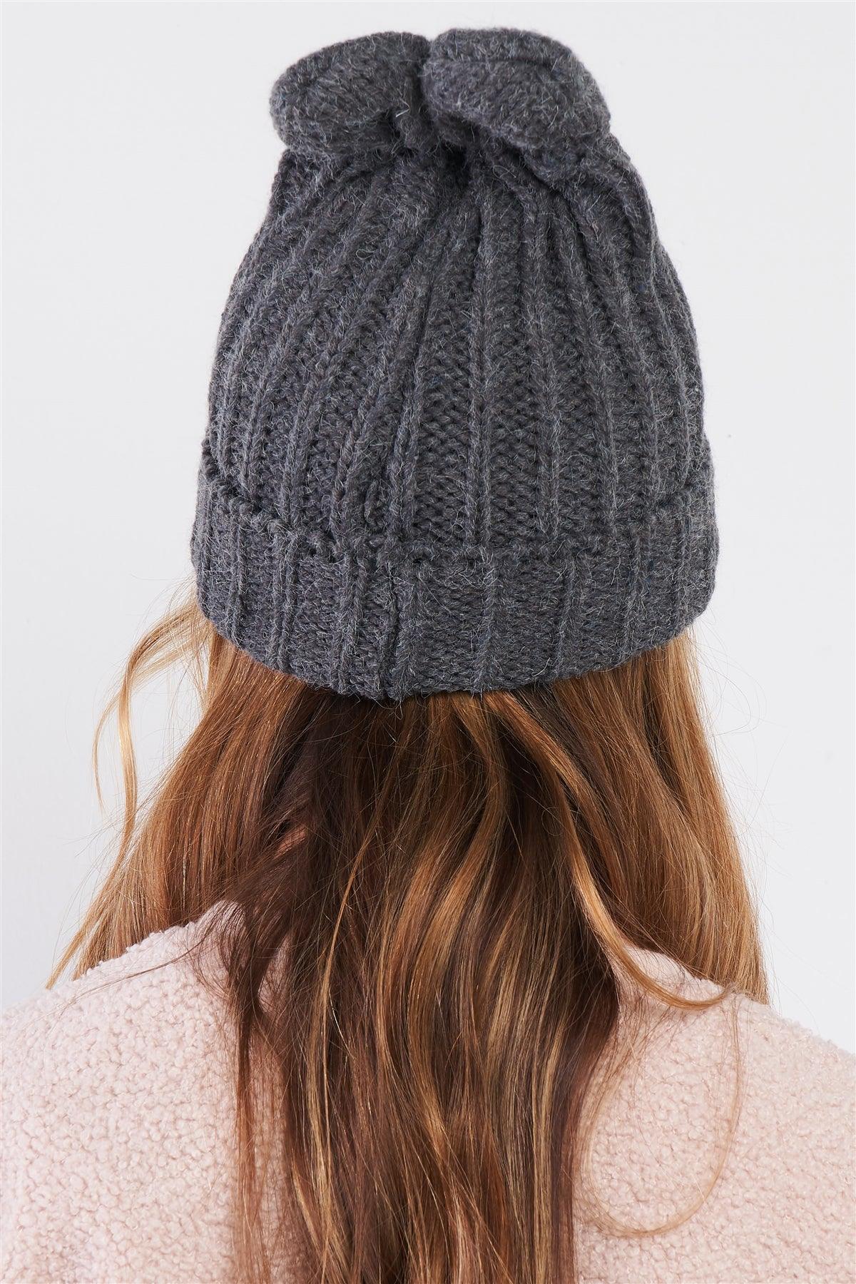 Grey Bunny Ears Detail Woven Winter Beanie /3 Pieces