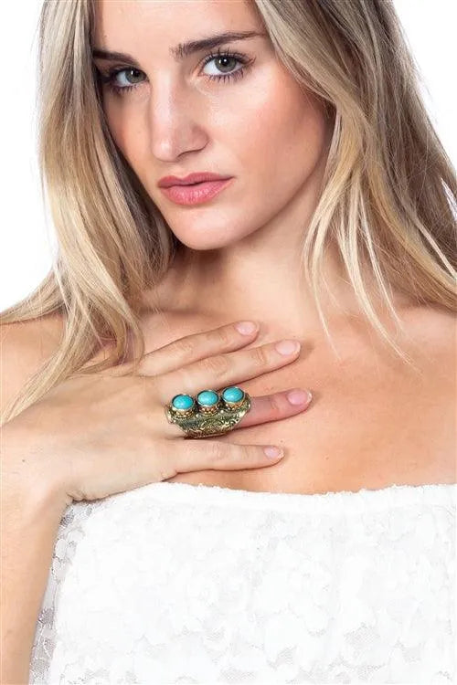 Ancient Gold Three Turquoise Stone Charm Antique Ring - Tasha Apparel Wholesale