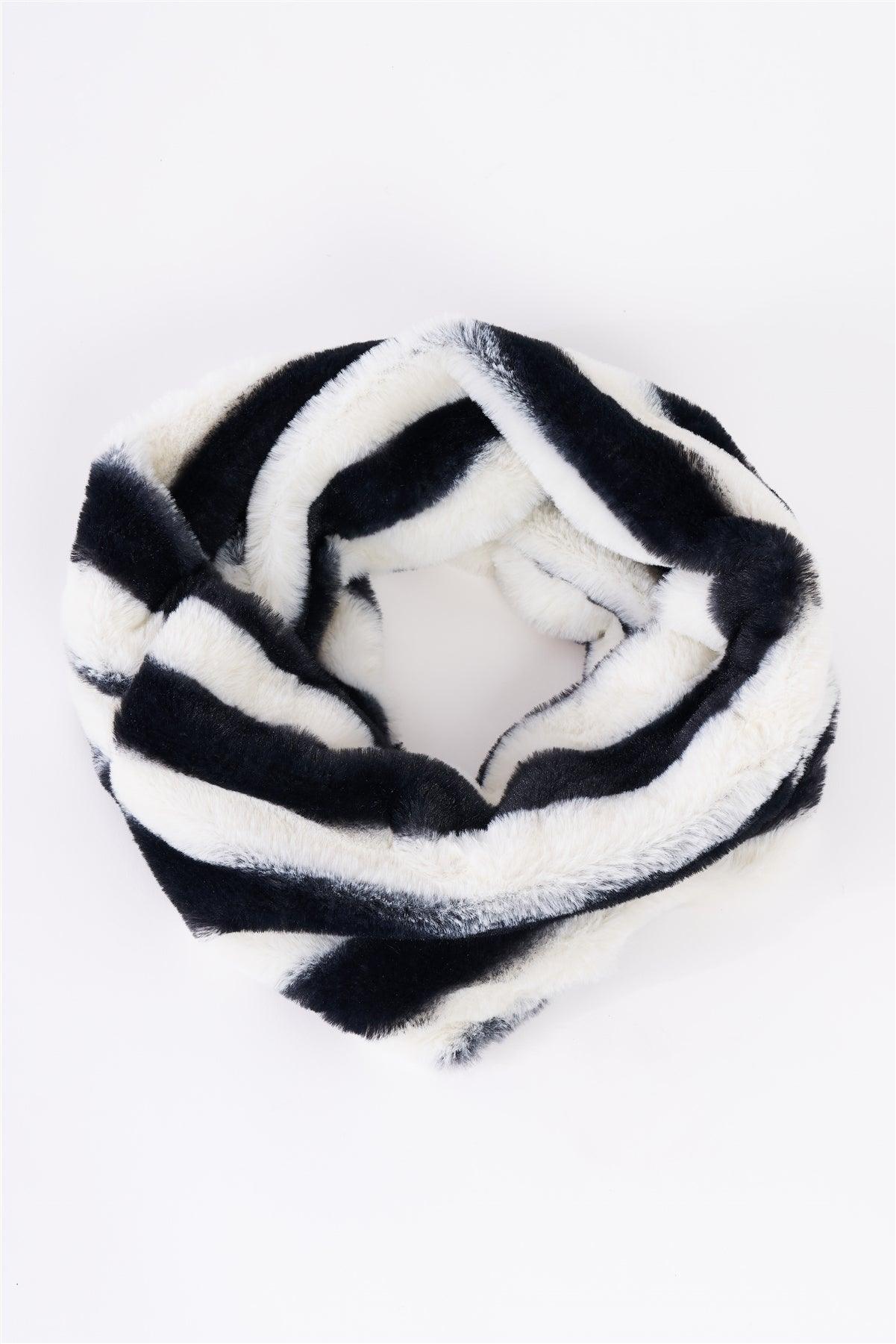 Zebra Black&White Striped Fuzzy Faux Fur Twisted Infinity Scarf /3 Pieces