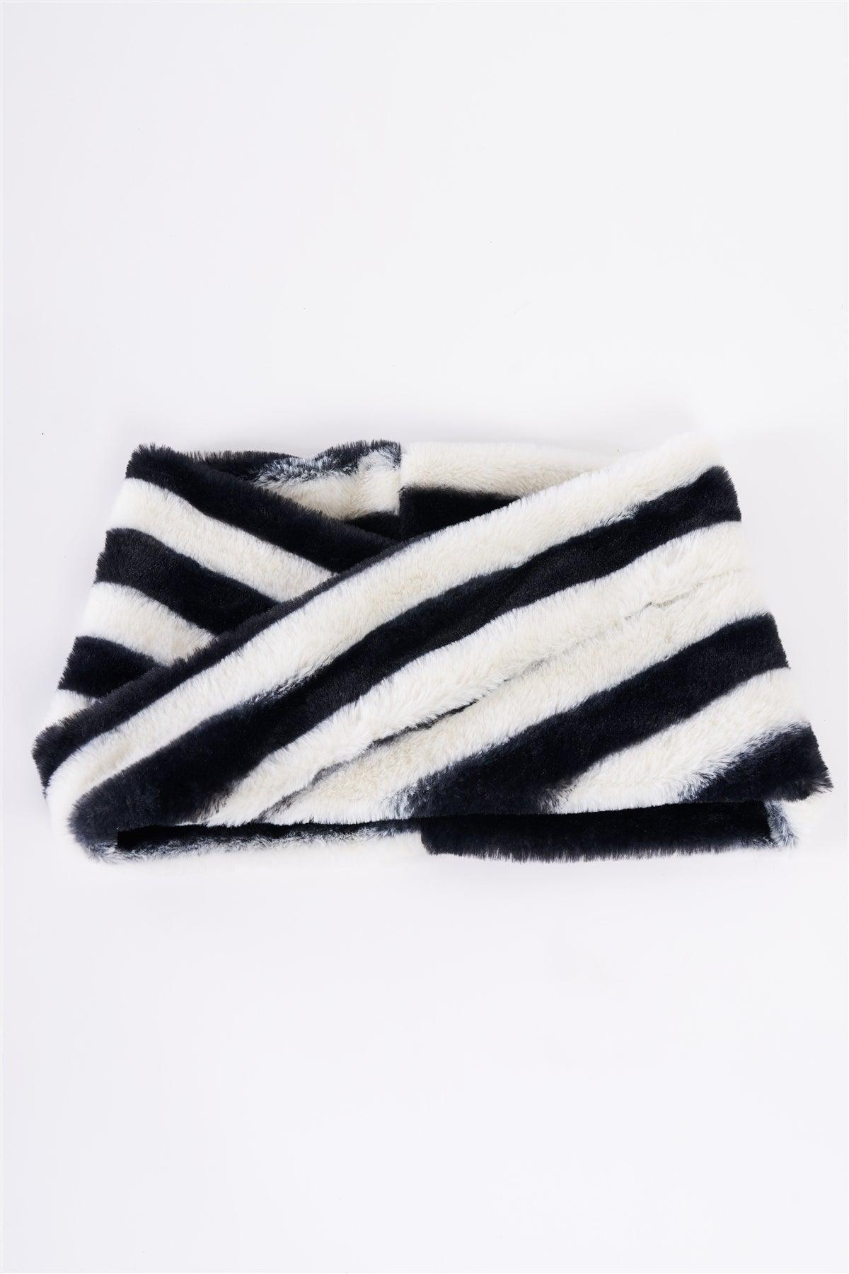 Zebra Black&White Striped Fuzzy Faux Fur Twisted Infinity Scarf /3 Pieces