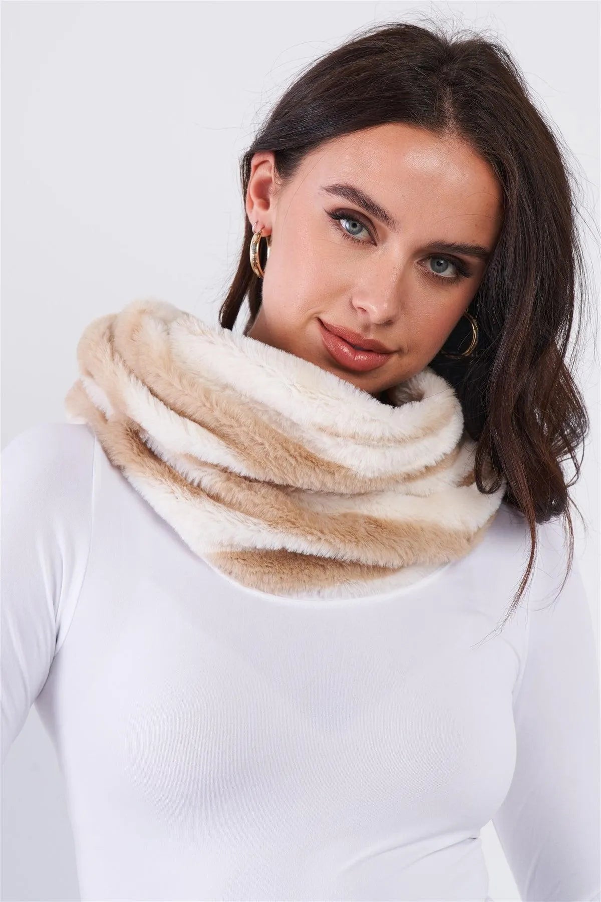 Ivory Striped Fuzzy Faux Fur Twisted Infinity Scarf /3 Pieces - Tasha Apparel Wholesale