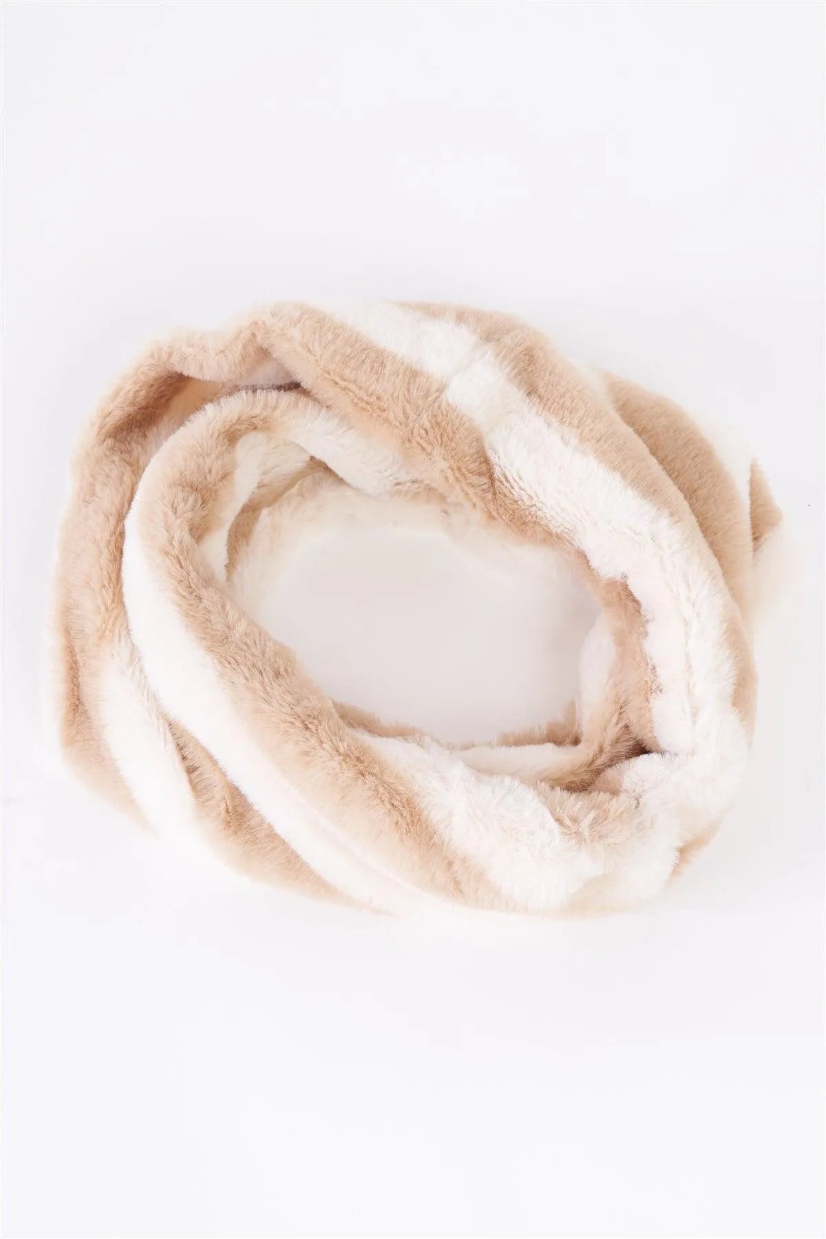 Ivory Striped Fuzzy Faux Fur Twisted Infinity Scarf /3 Pieces - Tasha Apparel Wholesale