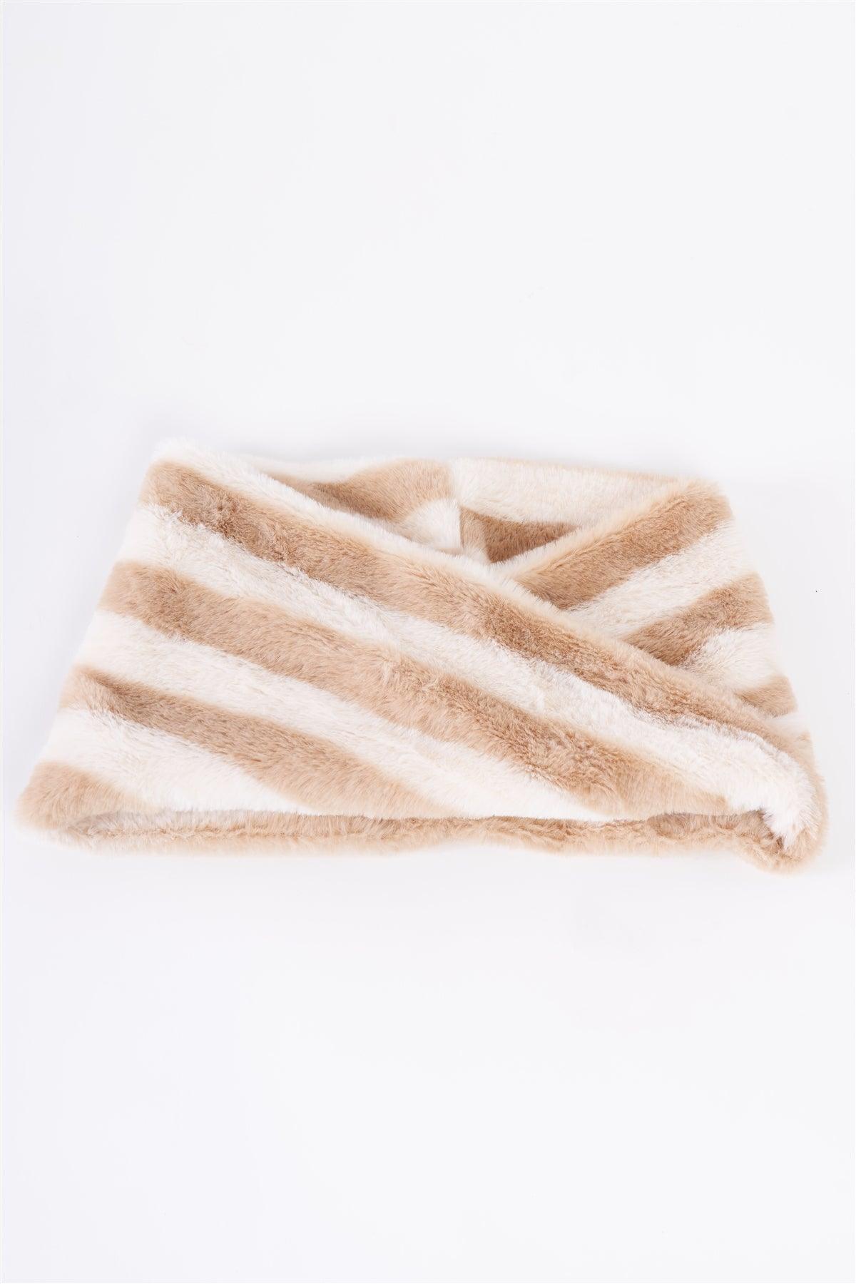 Ivory Striped Fuzzy Faux Fur Twisted Infinity Scarf /3 Pieces