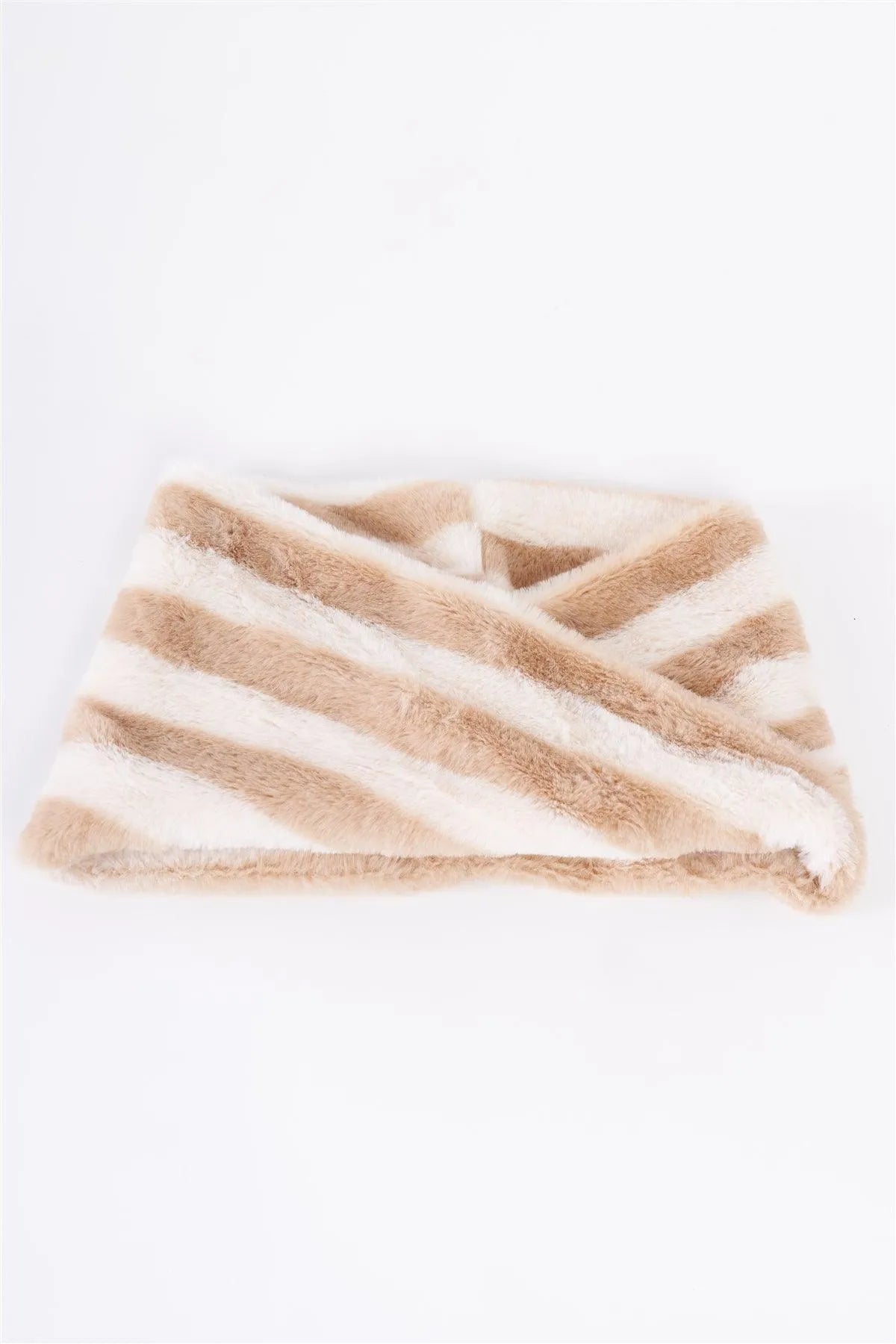 Ivory Striped Fuzzy Faux Fur Twisted Infinity Scarf /3 Pieces - Tasha Apparel Wholesale