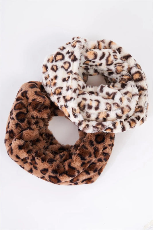 Brown Leopard Print Faux Fur Infinity Winter Scarf /3 Pieces - Tasha Apparel Wholesale