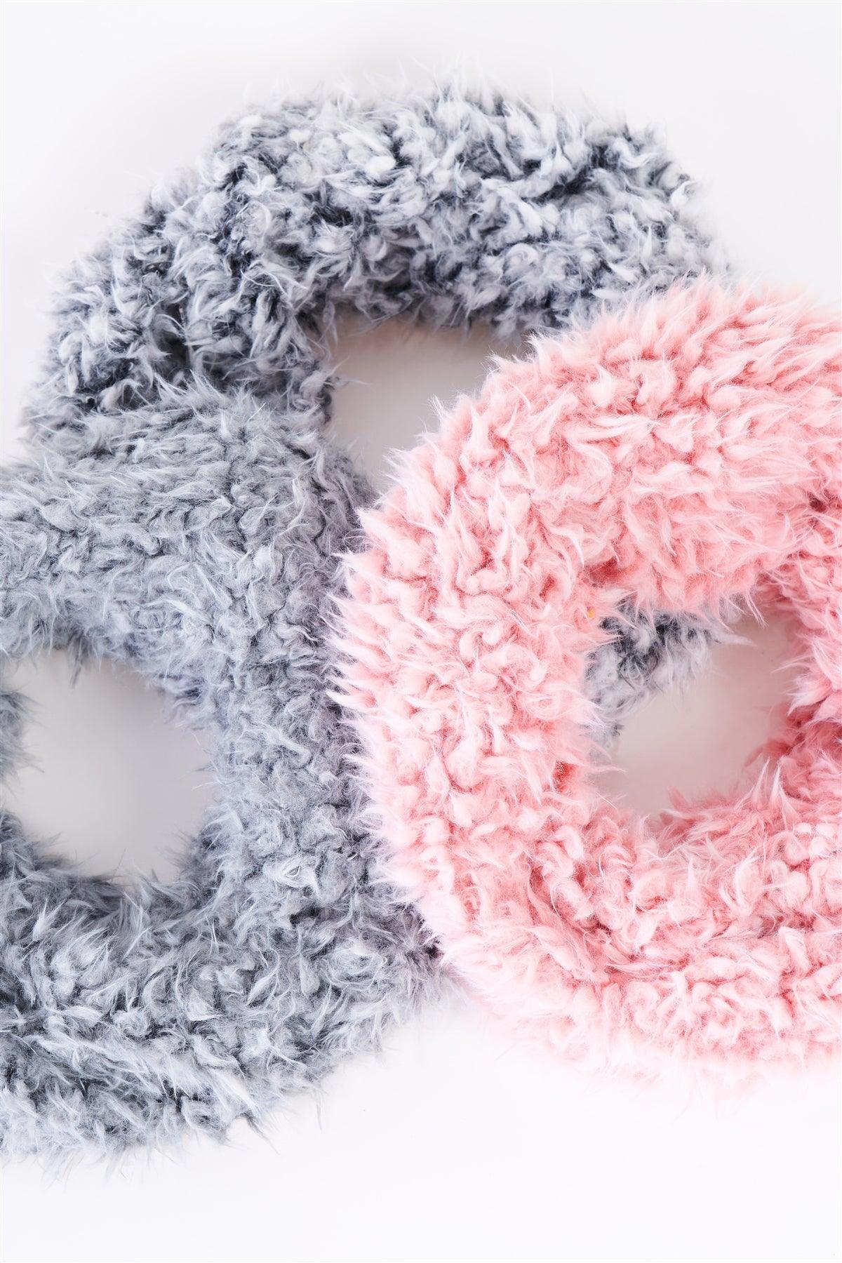 Pink Fluffy Faux Fur Infinity Winter Scarf /3 Pieces