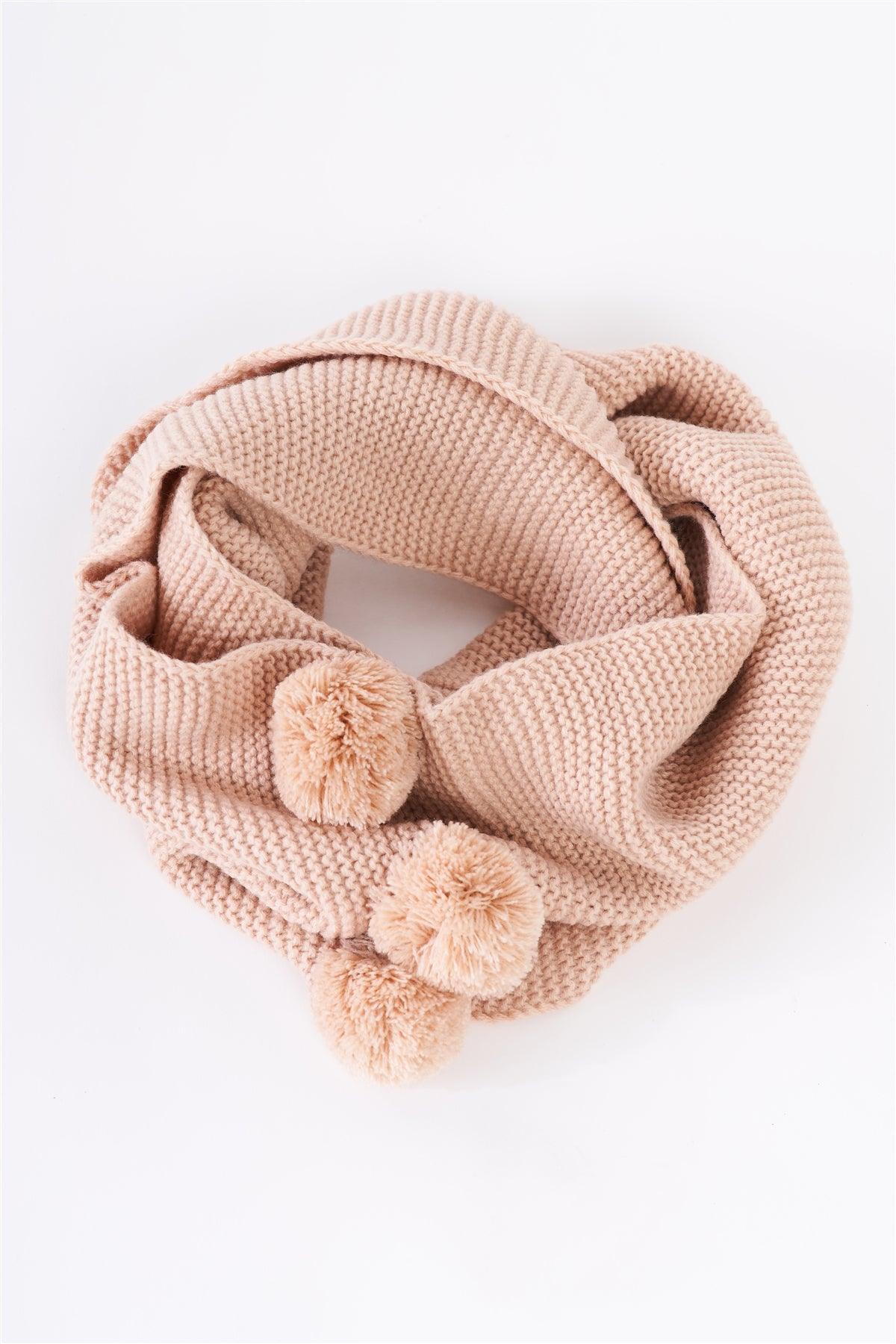 Light Pink Woven Knit Pompom Trim Detail Loop Scarf /3 Pieces