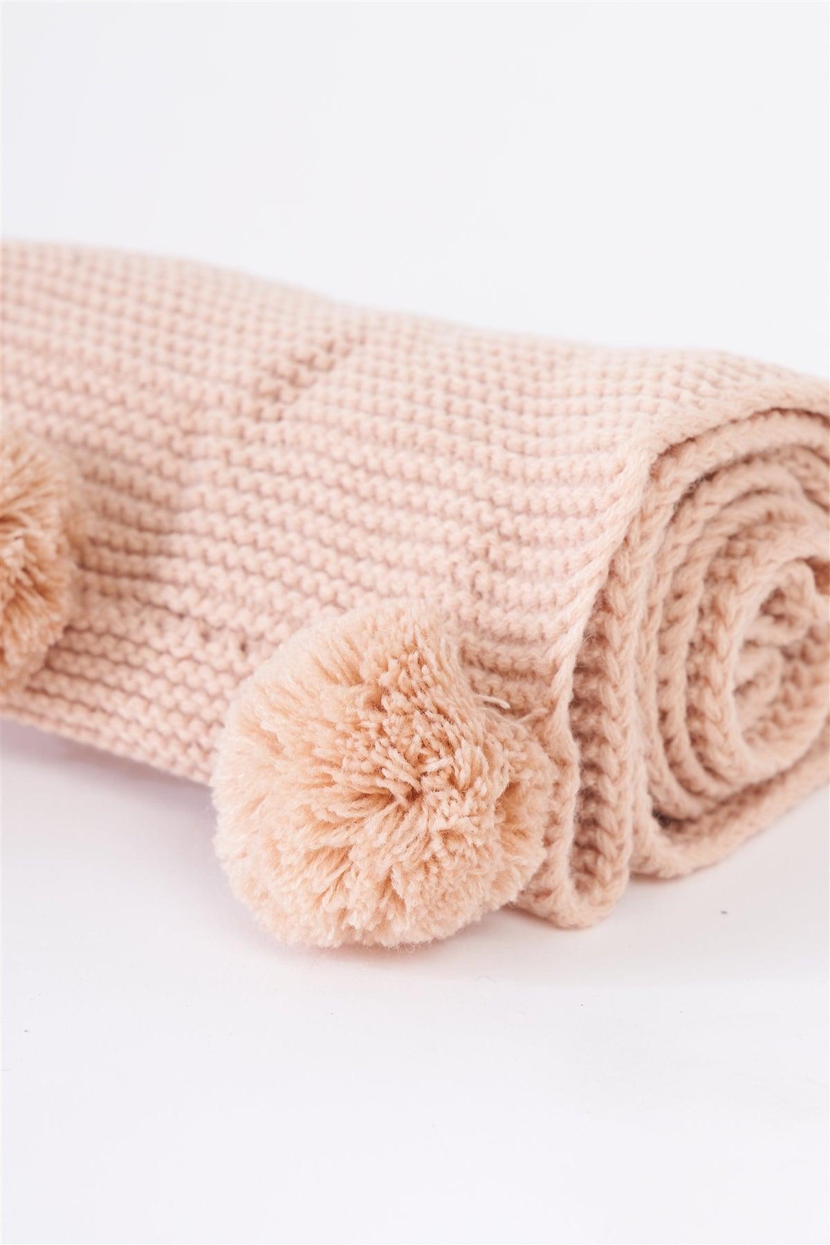 Light Pink Woven Knit Pompom Trim Detail Loop Scarf /3 Pieces