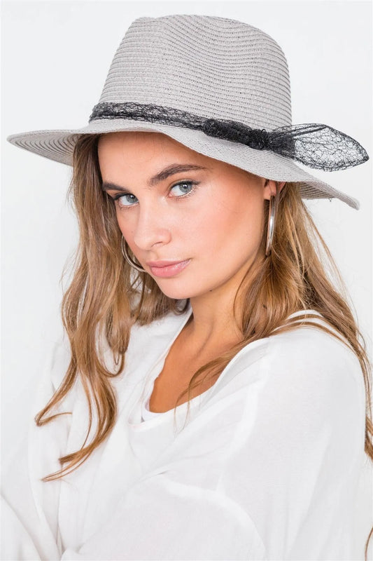 Grey Straw Bow-Tie Fedora Hat /3 Pieces - Tasha Apparel Wholesale