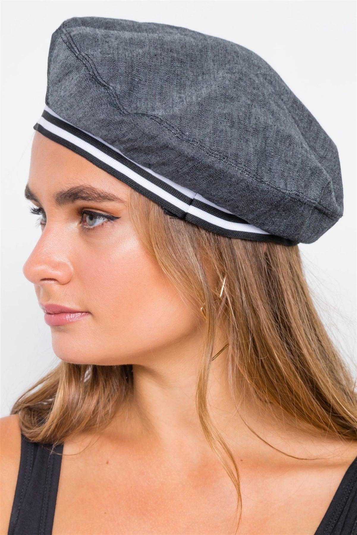 French Afternoon Black Multi-Stripe Beret Hat /3 Pieces