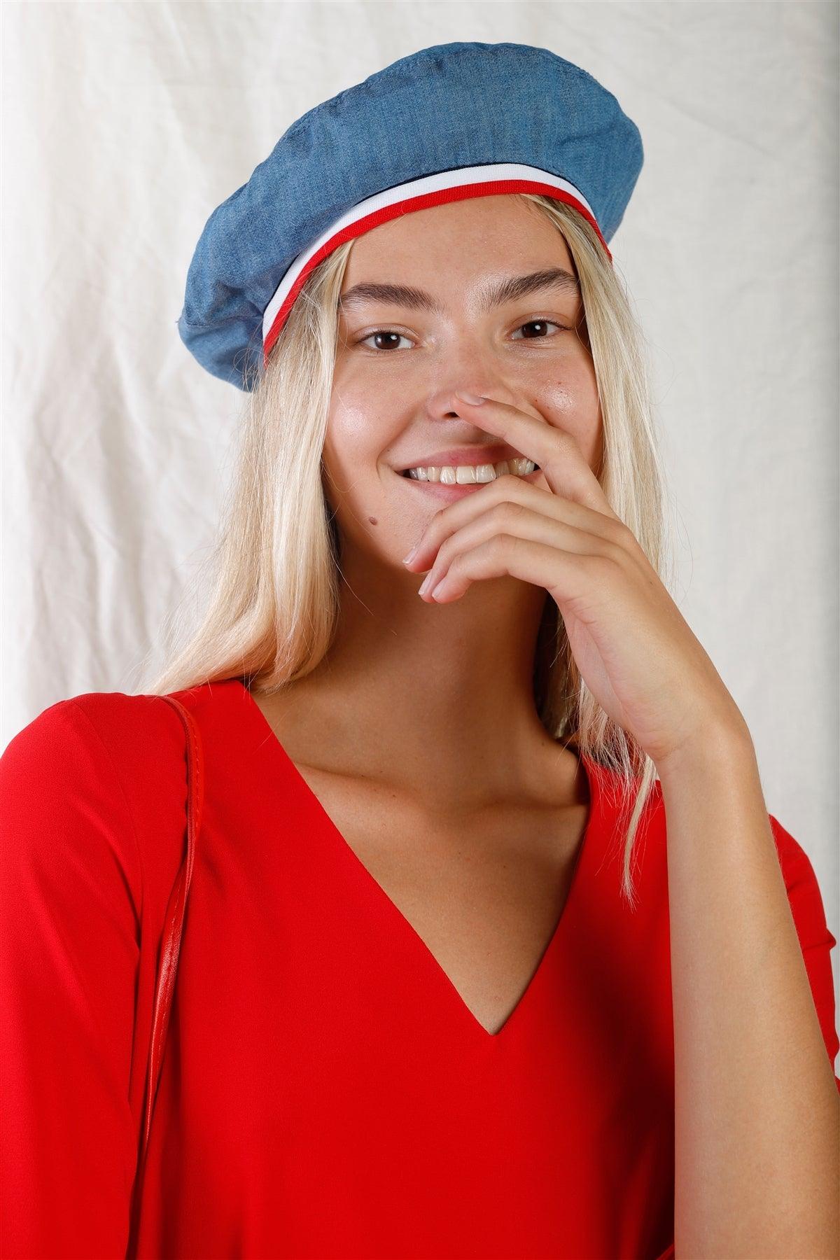 Stylish Denim Red And White Stripe Beret Hat /3 Pieces