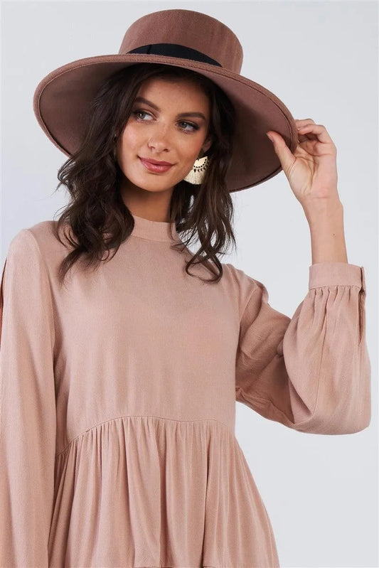 Khaki Felt Wide Brim Hat With Black Ribbon Band /3 Pieces - Tasha Apparel Wholesale