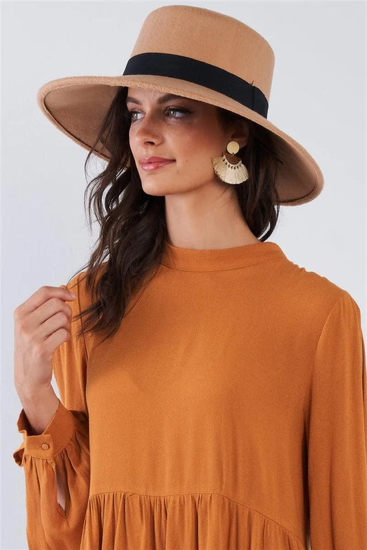 Tan Felt Wide Brim Hat With Black Ribbon Band /3 Pieces - Tasha Apparel Wholesale