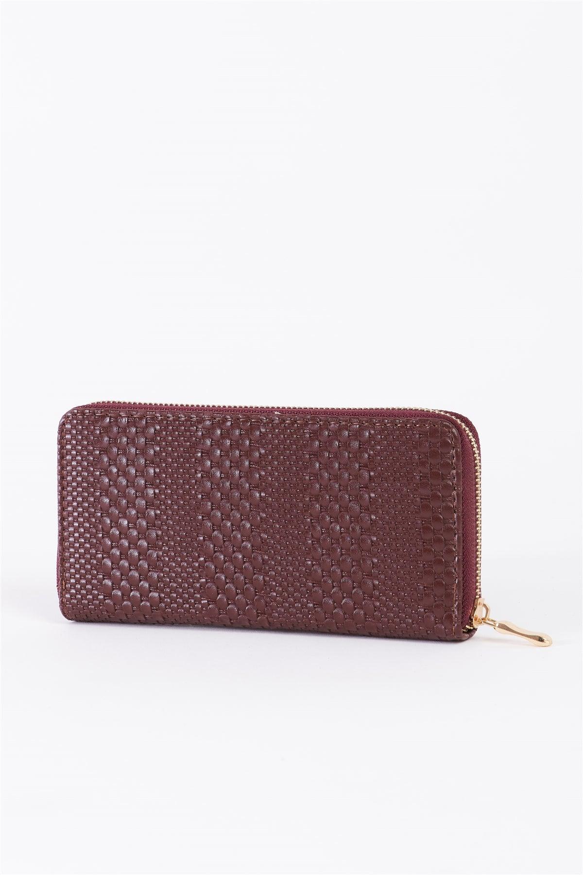Taupe Mahogany Woven Texture Vegan Leather Zipper Wallet /3 Piece